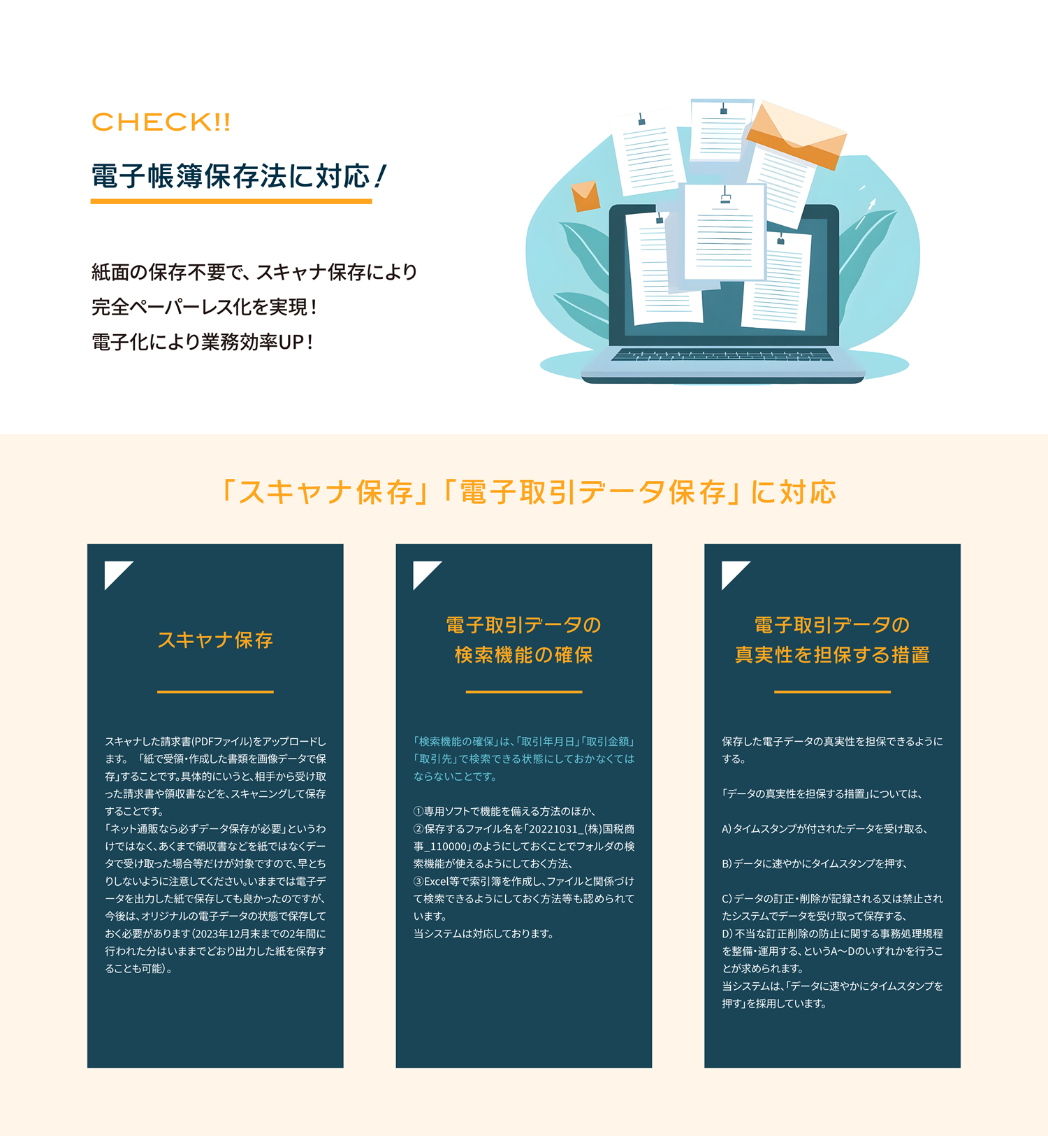 電子帳簿保存法に対応！紙面の保存不要で、スキャナ保存により完全ペーパーレス化を実現！電子化により業務効率UP！